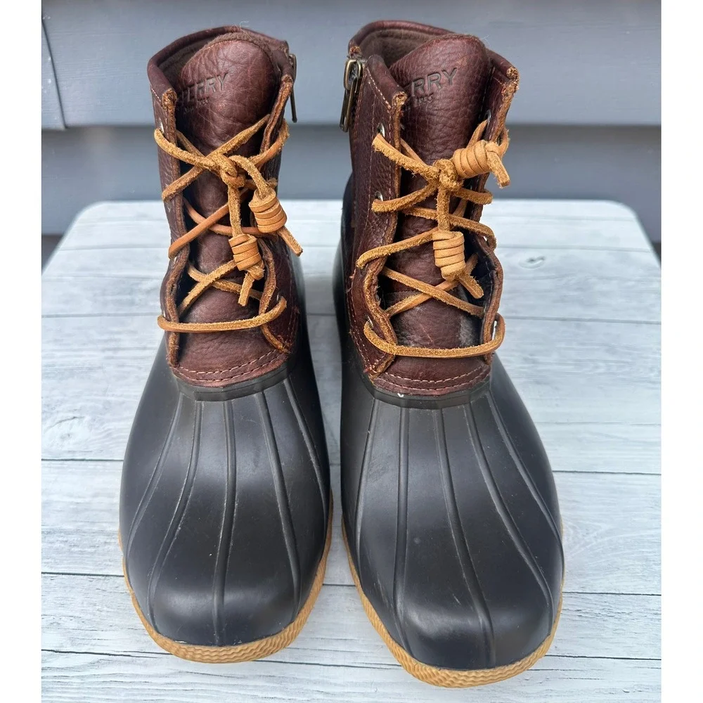 Sperry Women's Saltwater Duck Boots Brown Leather Black Waterproof Size 7